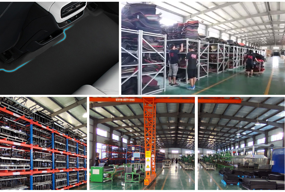 A set of car floor mat molds in the factory + employees assembling and verifying the car mats