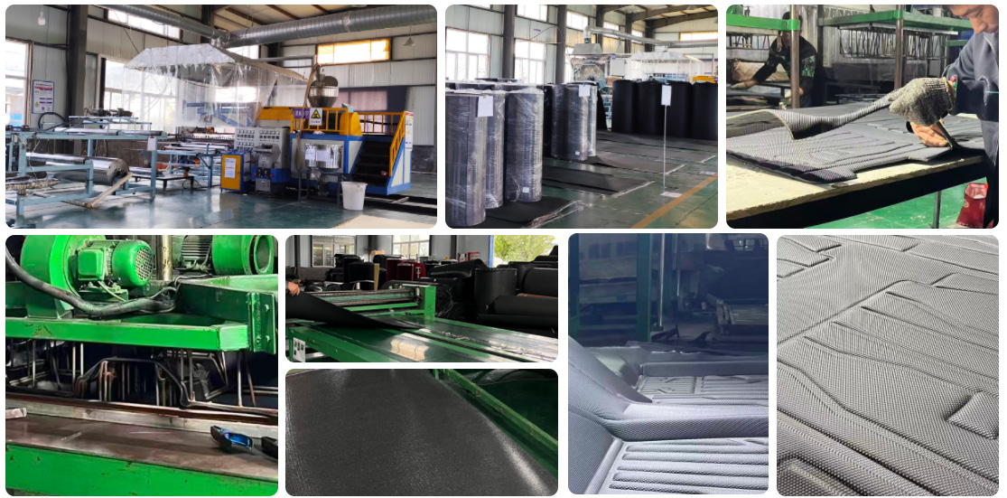 In the workshop early in the morning, the car floor mat manufacturing machine has already started working