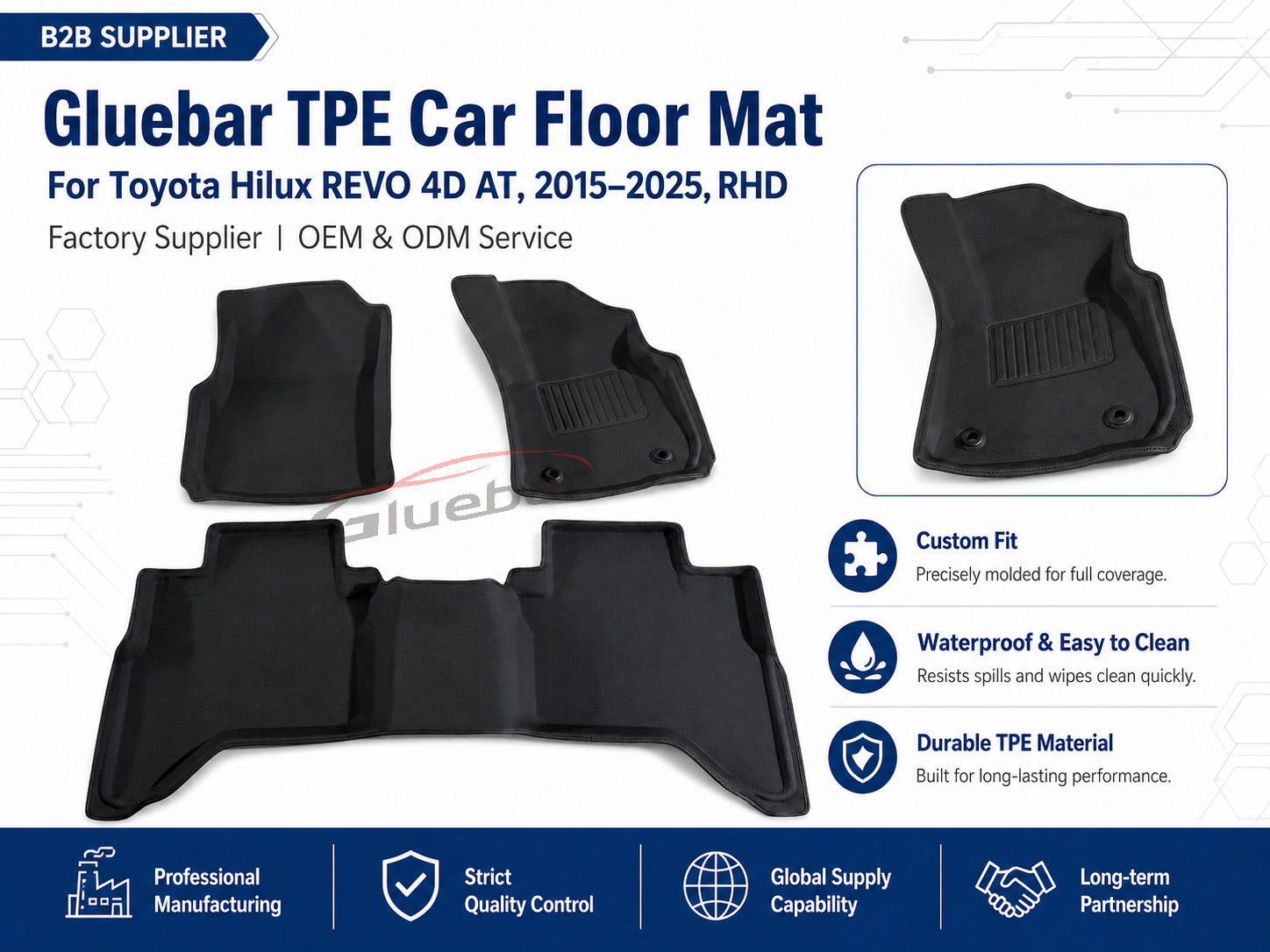 Gluebar custom fit black TPE car floor mats for Toyota Hilux REVO 4D AT 2015-2025 RHD 3-piece set