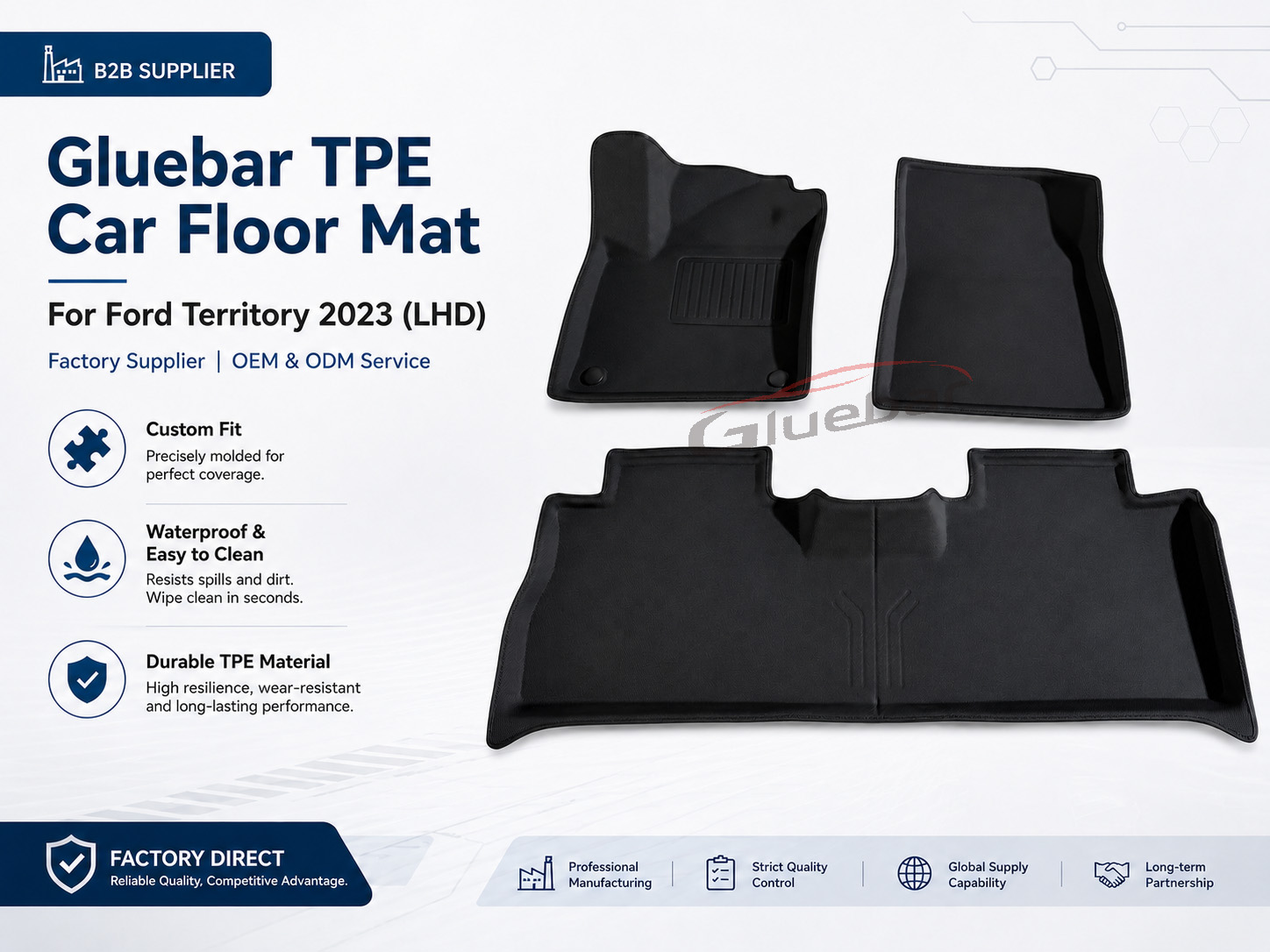 Gluebar custom fit TPE car floor mats for Ford Territory 2023 LHD factory supplier banner showing 3-piece black mat set with waterproof and durable material icons