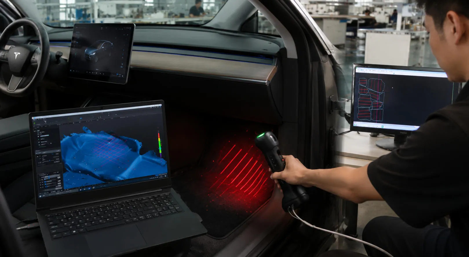 3D scanning of EV vehicle cabin to capture precise floor layout for custom-fit floor mats