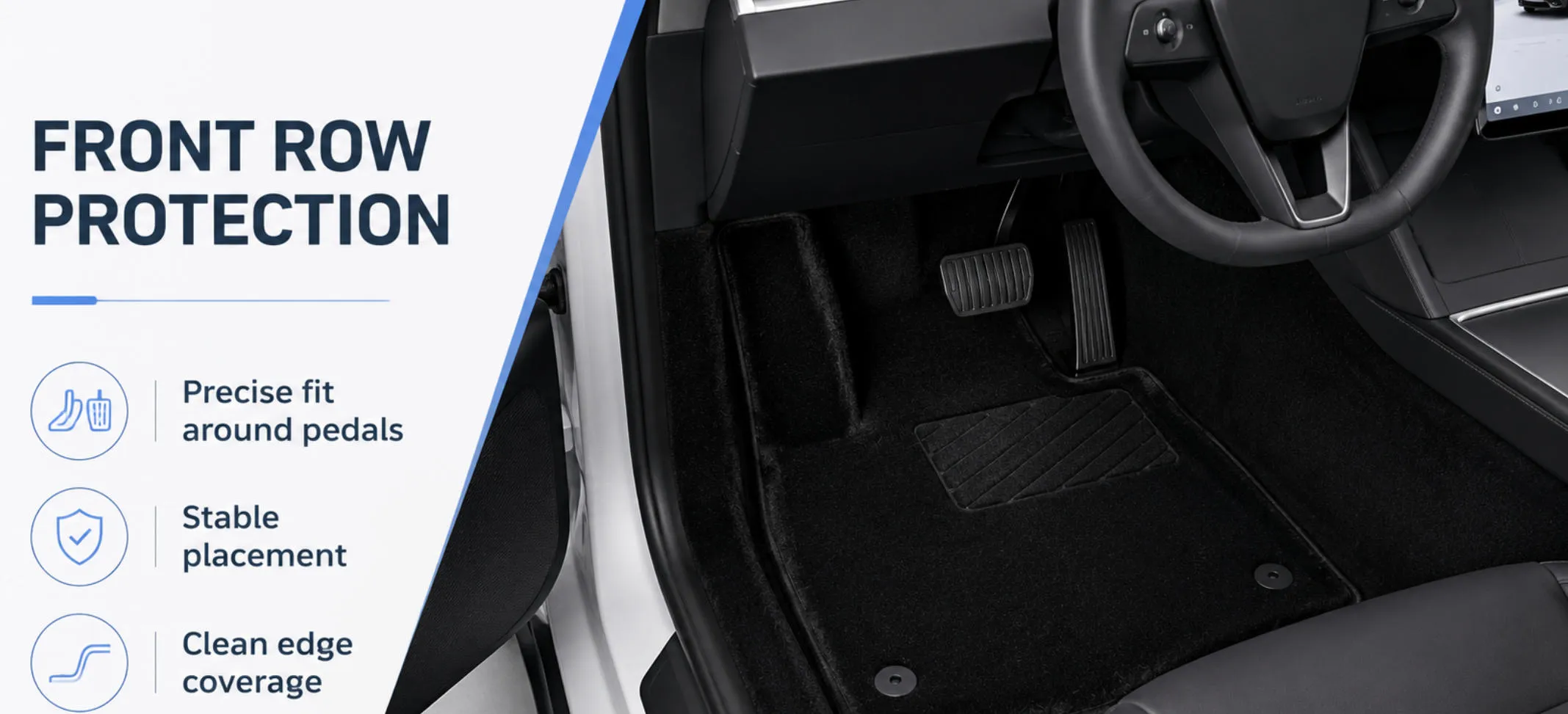 Custom-fit EV floor mats installed in front and rear cabin, showing TPE and carpet material options