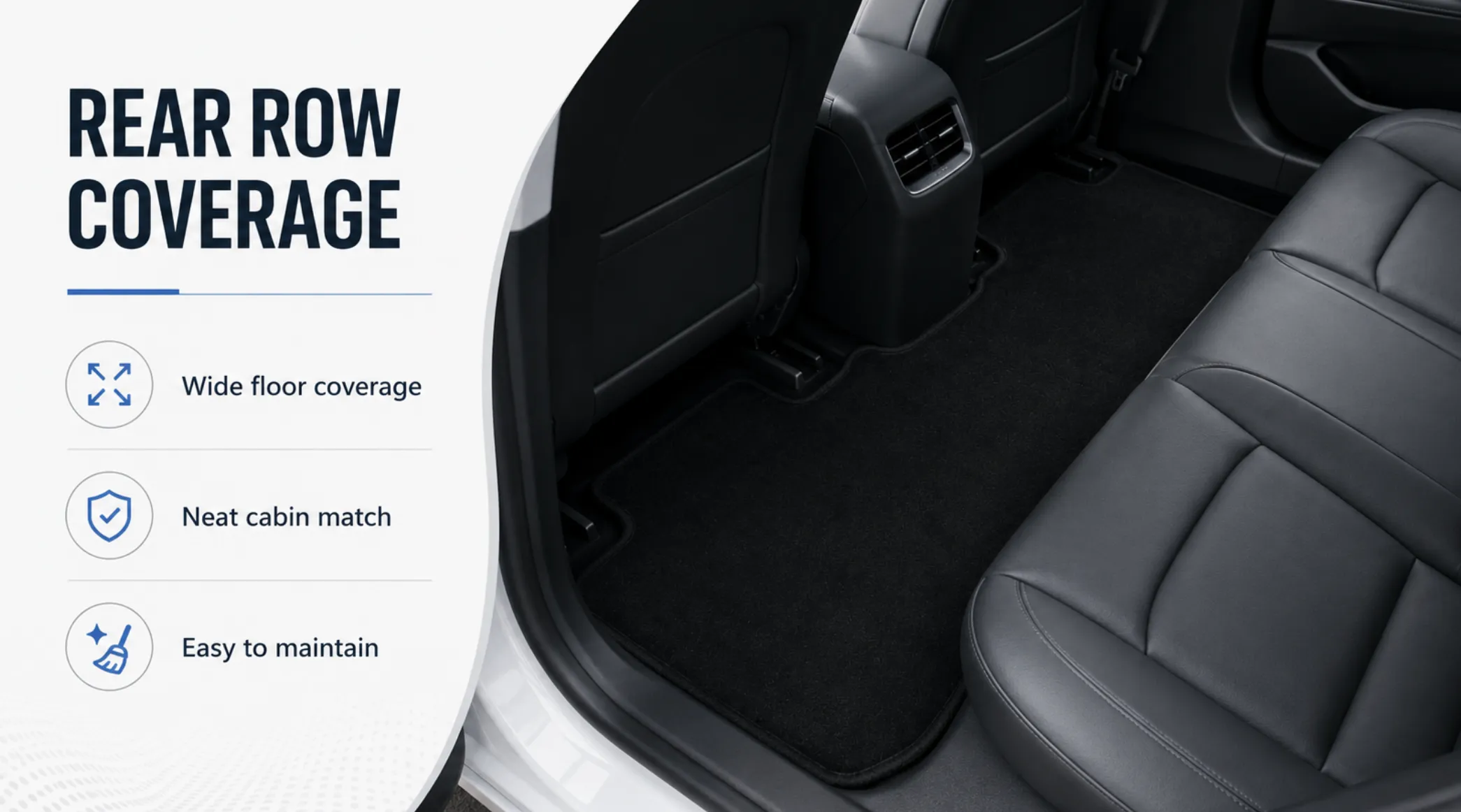 Front row EV floor mat precise fit around pedals and seat rails for safe driving