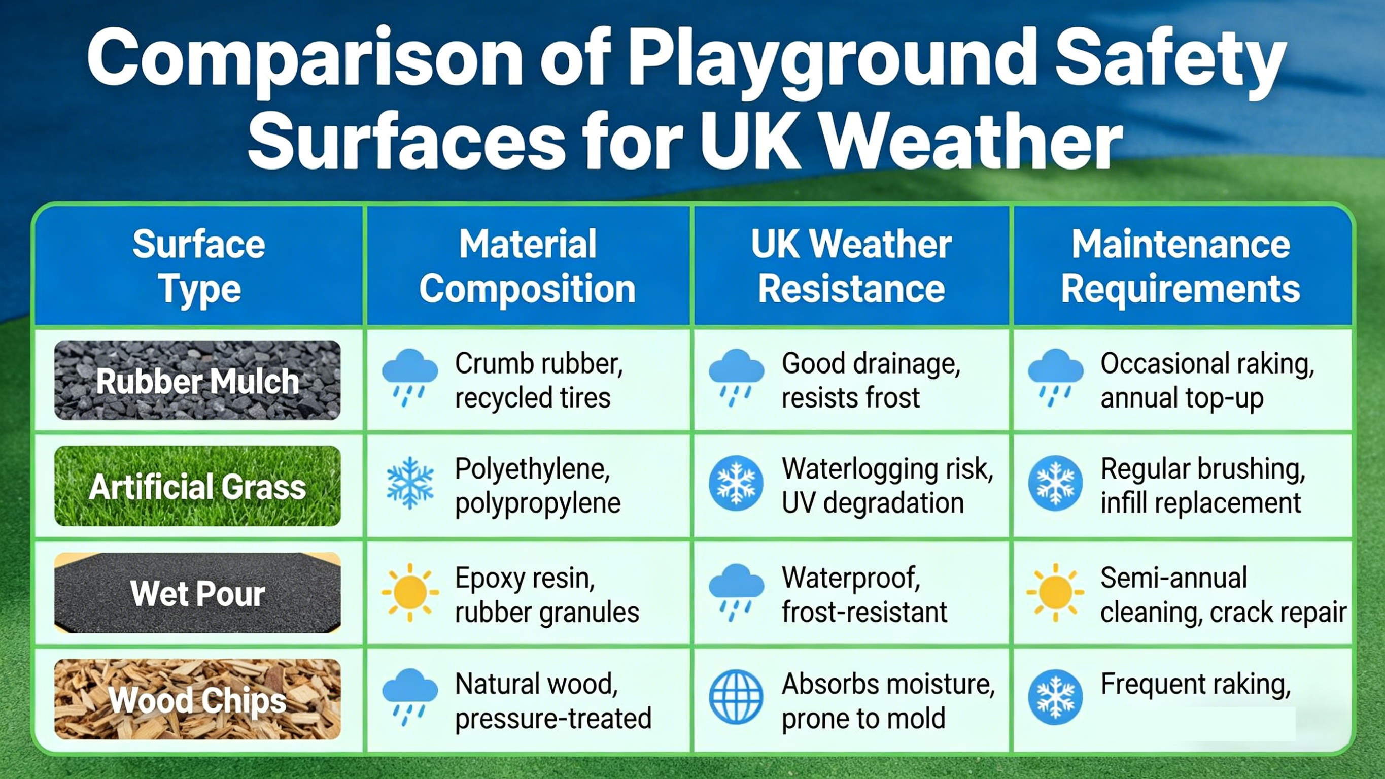 Comparison of playground safety surfaces for UK weather