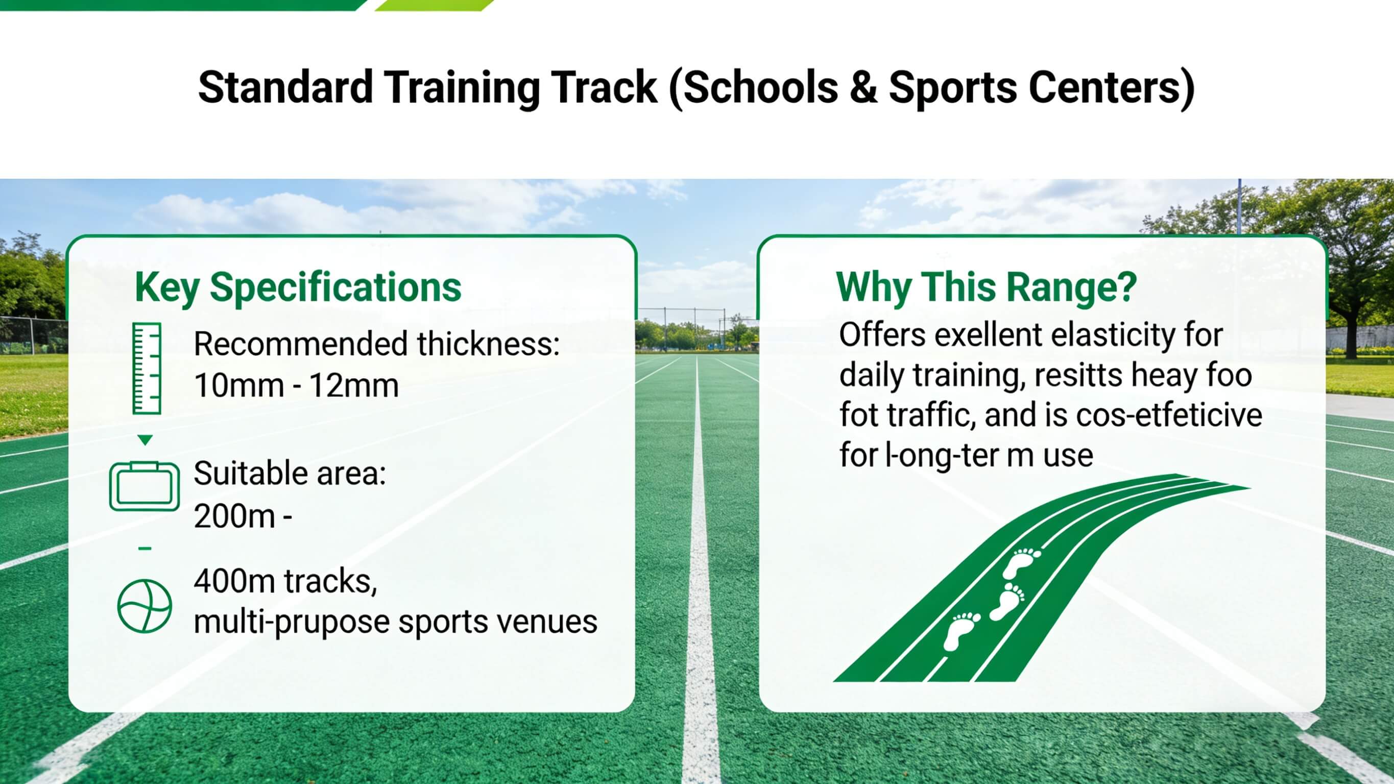 For school playgrounds, sports clubs, and general training tracks, balance of performance, cost, and durability is key