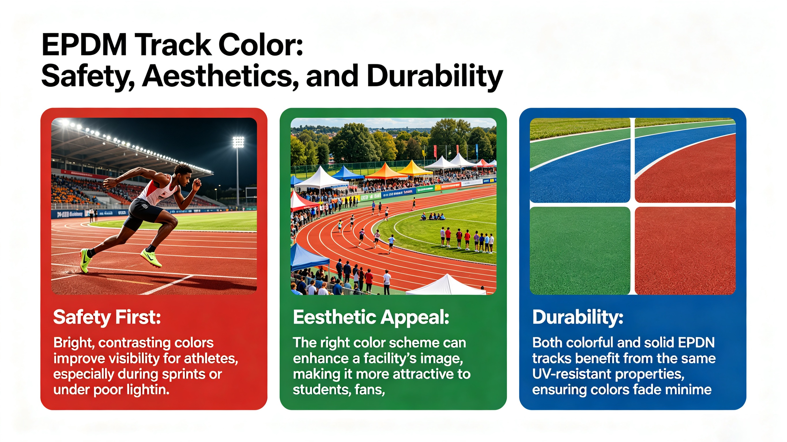 Both colorful and solid color EPDM tracks are excellent choices