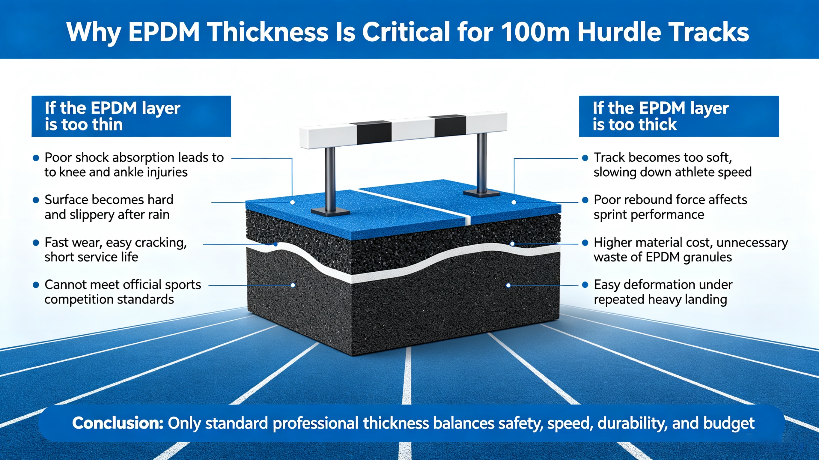 How thick should the EPDM granules layer be for hurdle runway?