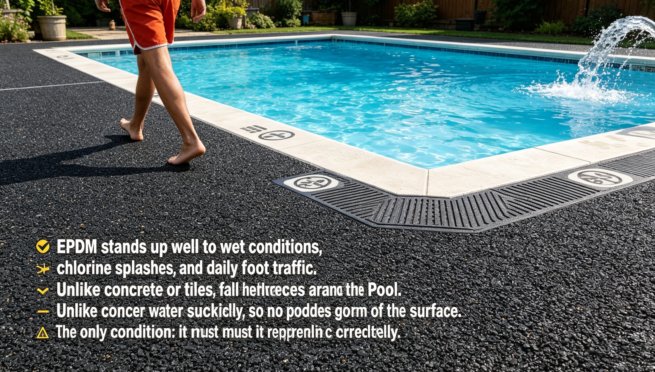 EPDM stands up well to wet conditions, chlorine splashes, and daily foot traffic